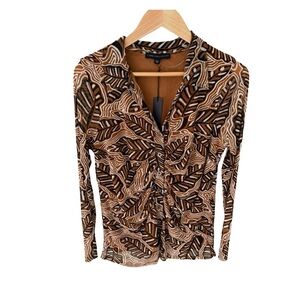Jane + Delancey Brown Black Abstract Leaf Print Button Down Blouse NWT Size L